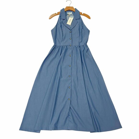 RIHOAS Dresses & Skirts - Rihoas The Lapel Sleeveless Midi Dress Womens Small Blue Chambray Button Up